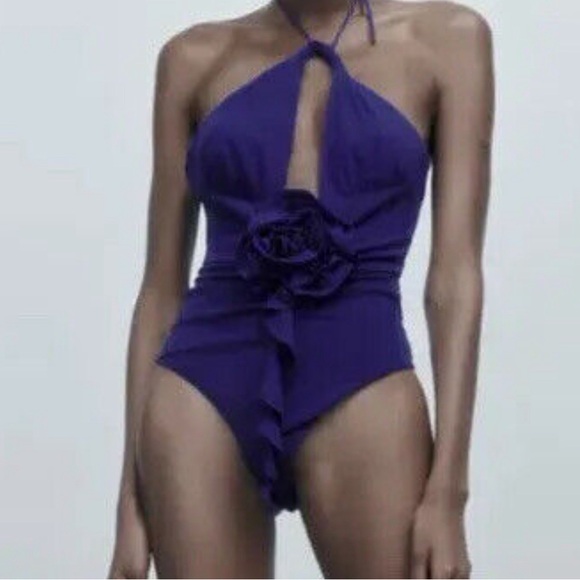 Zara bodysuit top blue halter floral detail back zipper size medium - Picture 4 of 5